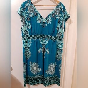 INC Blue and Teal Patterned Short Sleeve Dress 3X
